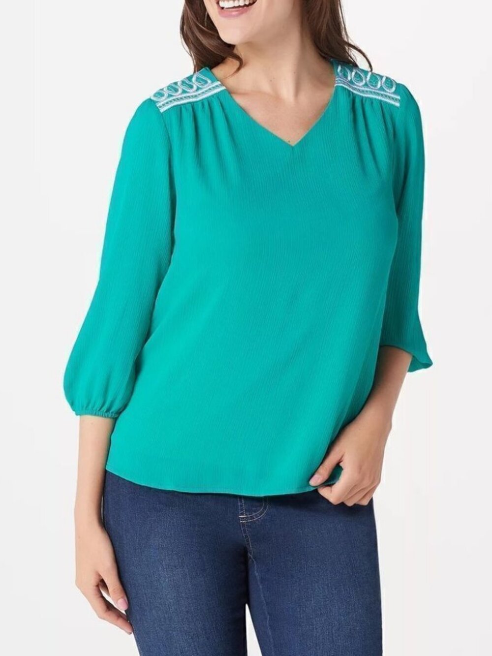 Bob Mackie Embroidered Shoulder Woven Top